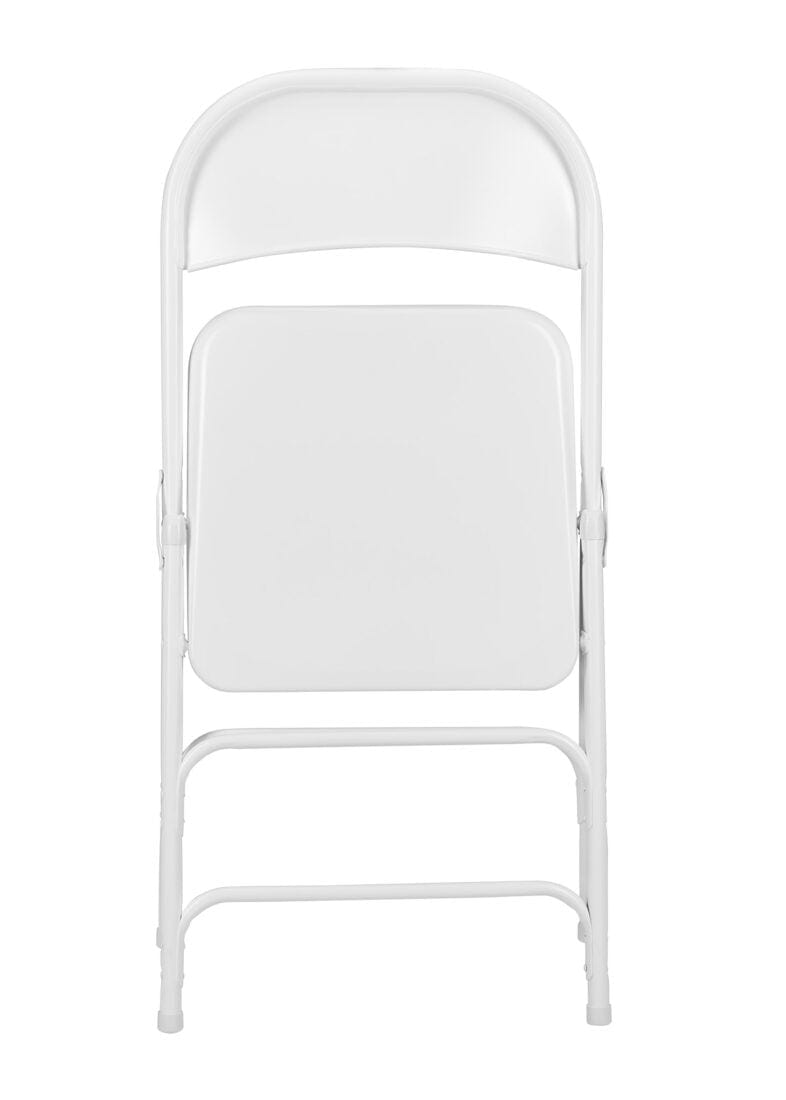 Chivari 100 White Metal Folding Chairs + 12 Plastic Round Table Kit CFMW-100-12RD-KT