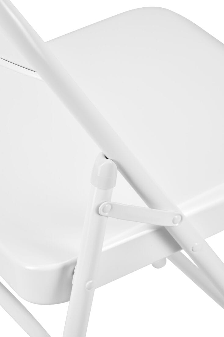 Chivari 100 White Metal Folding Chairs + 12 Plastic Round Table Kit CFMW-100-12RD-KT