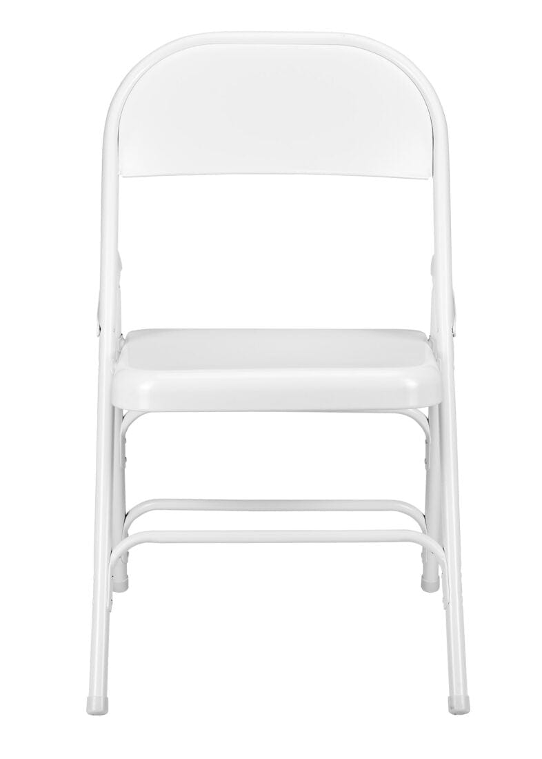Chivari 100 White Metal Folding Chairs + 12 Plastic Round Table Kit CFMW-100-12RD-KT