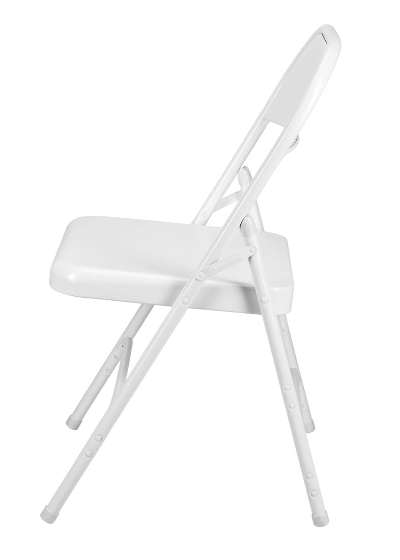 Chivari 100 White Metal Folding Chairs + 12 Plastic Round Table Kit CFMW-100-12RD-KT