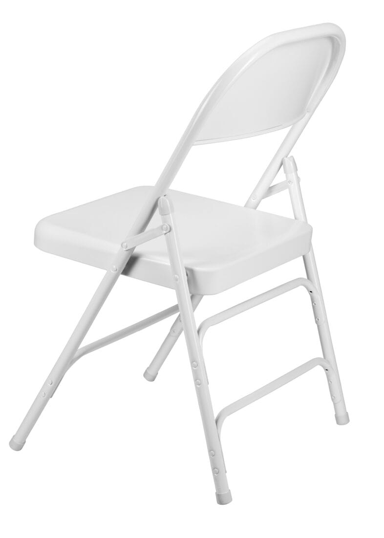Chivari 100 White Metal Folding Chairs + 12 Plastic Round Table Kit CFMW-100-12RD-KT