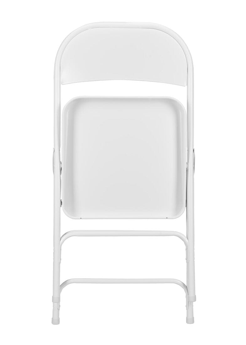 Chivari 100 White Metal Folding Chairs + 12 Plastic Round Table Kit CFMW-100-12RD-KT
