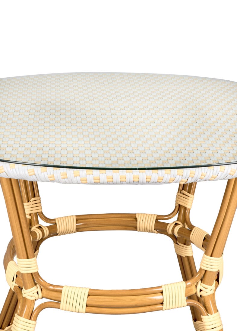 Toulouse 40" Round Glass Top White and Beige Rattan French Bistro Table TBTPWB-KT-AX-T