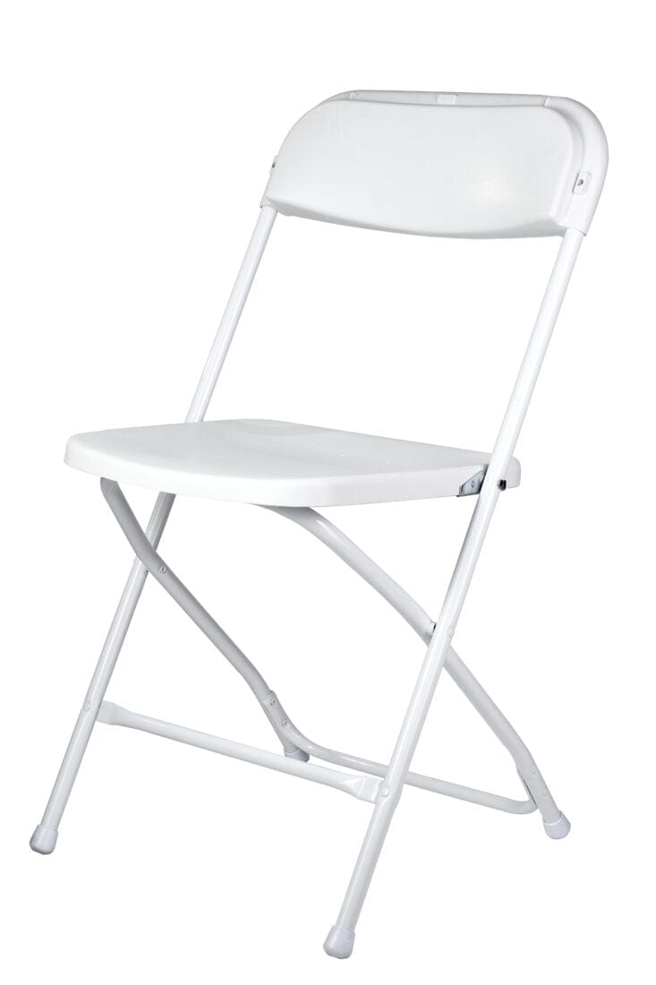 Chivari 100 White Plastic Folding Chair Bundle with 2 Heavy Duty Carts and Safety Straps CFPW-100GCRTS-KT