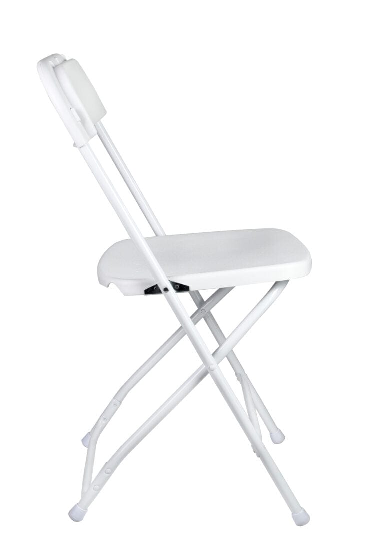 Chivari 100 White Plastic Folding Chair Bundle with 2 Heavy Duty Carts and Safety Straps CFPW-100GCRTS-KT