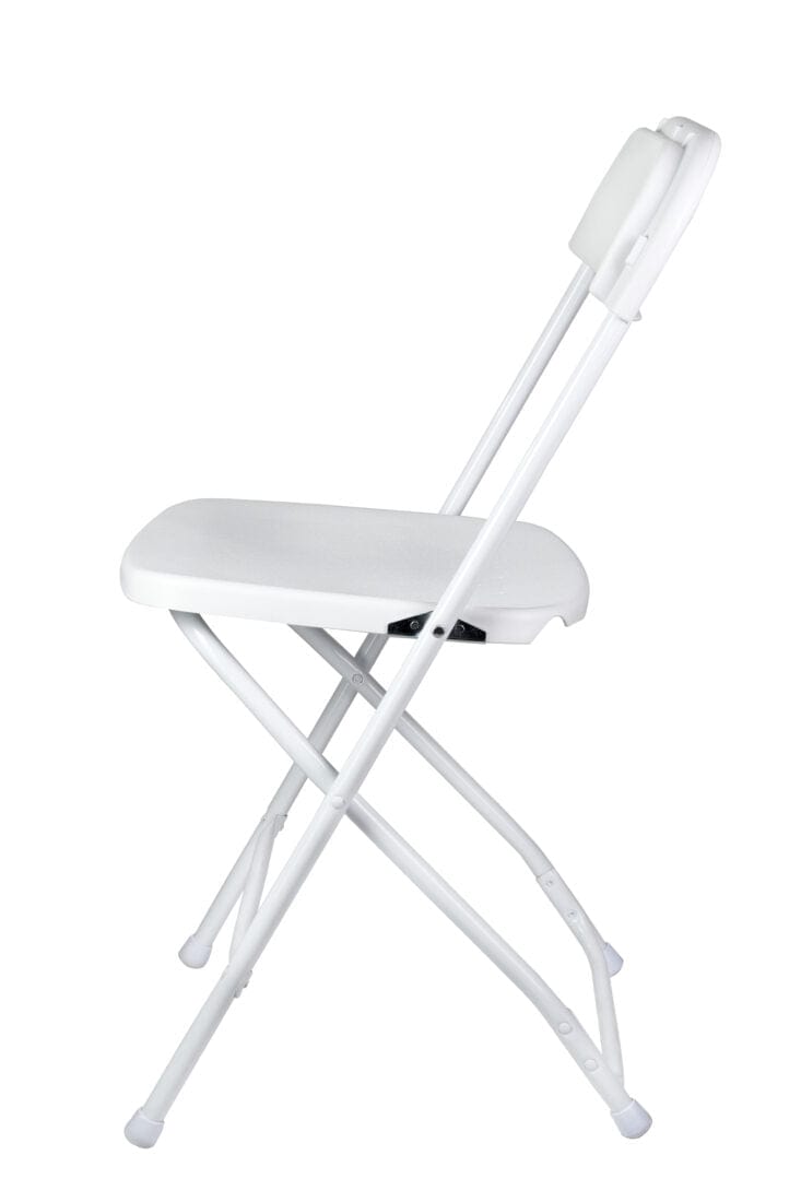 Chivari 100 White Plastic Folding Chair Bundle with 2 Heavy Duty Carts and Safety Straps CFPW-100GCRTS-KT