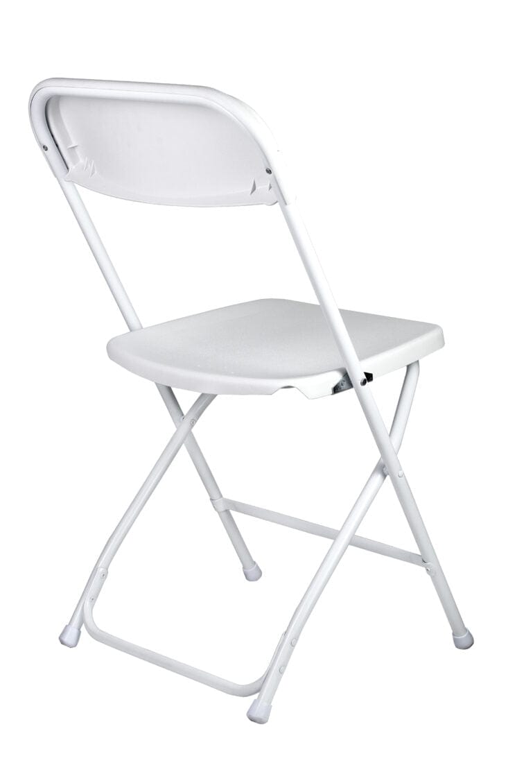 Chivari 100 White Plastic Folding Chair Bundle with 2 Heavy Duty Carts and Safety Straps CFPW-100GCRTS-KT