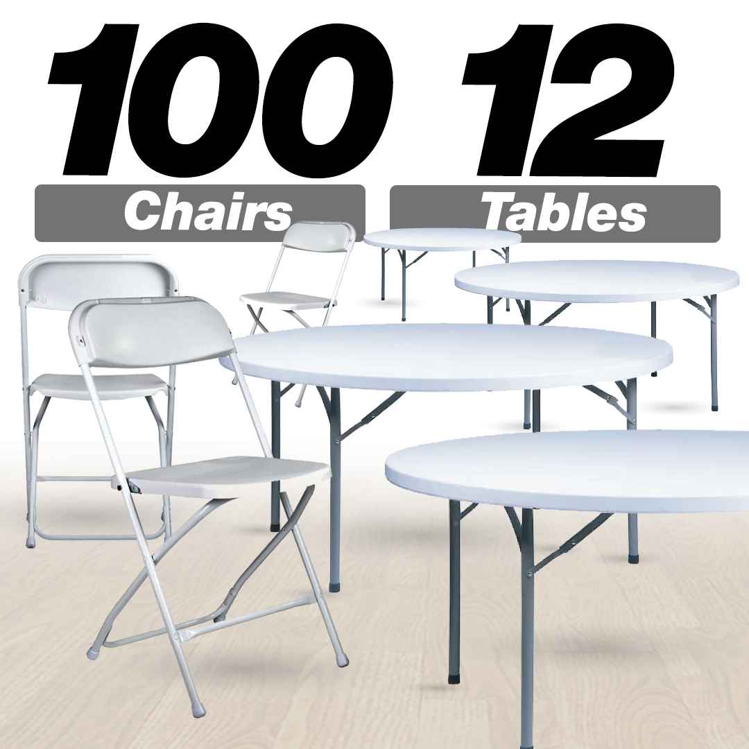 Chivari 100 Pack White Plastic Folding Chair and 12 60" (5 Foot) Round Plastic Folding Table CFPW-100PLS60-KT