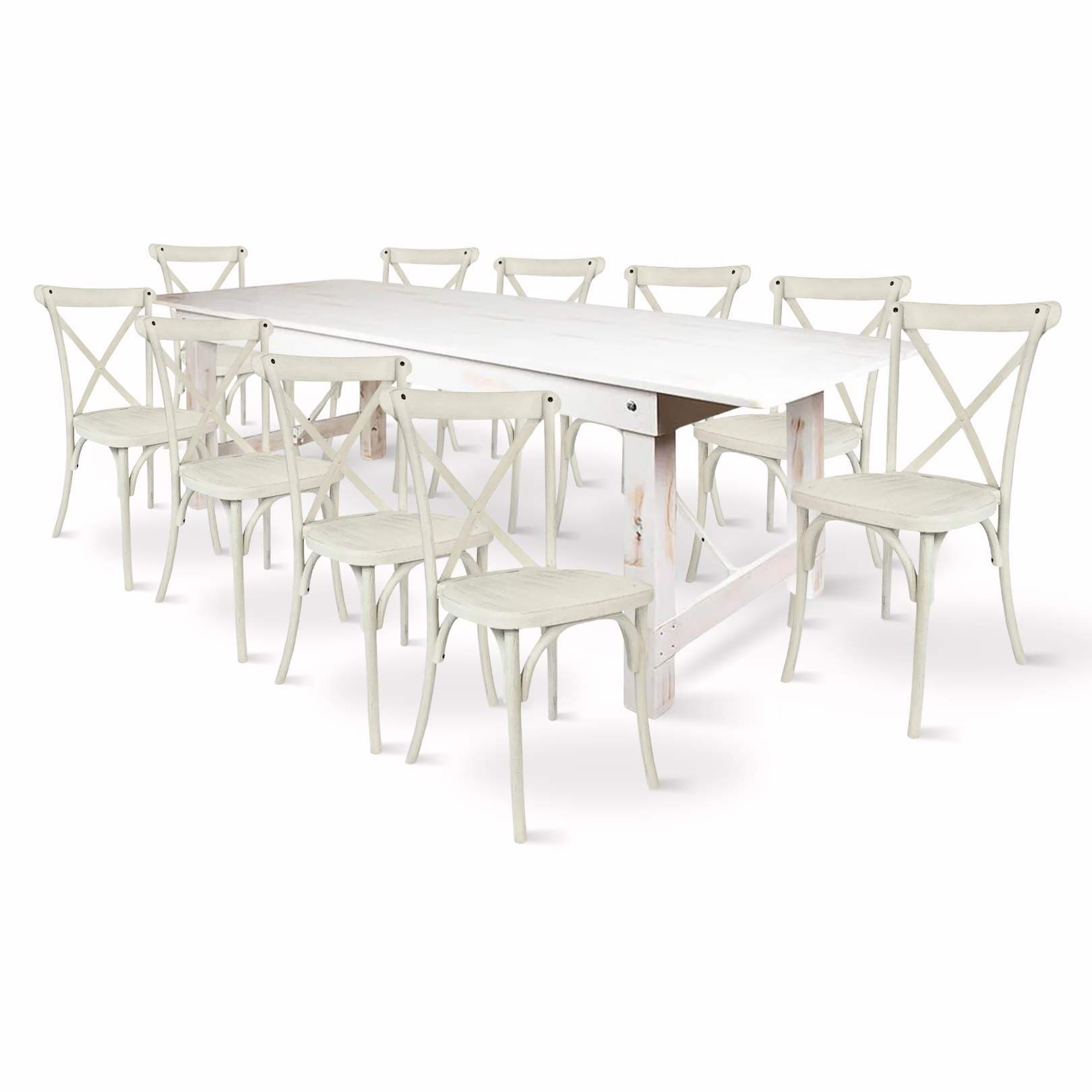 Chivari White Distressed Straight Leg Farm Table Dining Set with 10 Chairs TFARM-WHITEDIS-S-LEG-KIT-CXR-AX