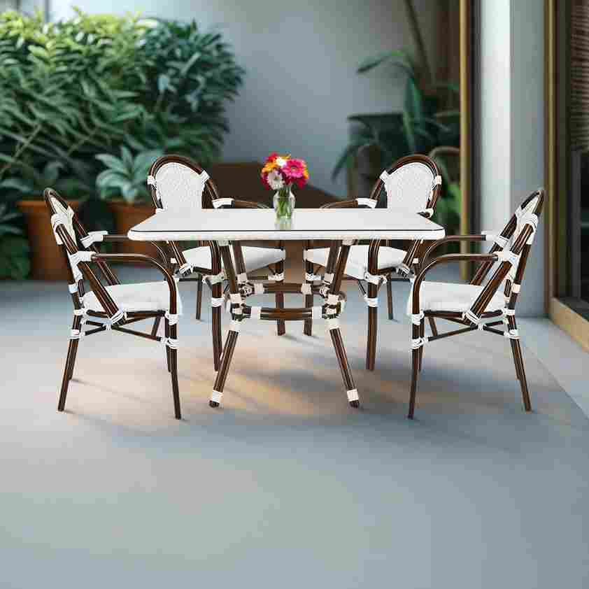 Toulouse White French Bistro Set Includes 48" x 36" Table and 4 Chairs with Arms FBK-SQ-WWD-AWD4-AX