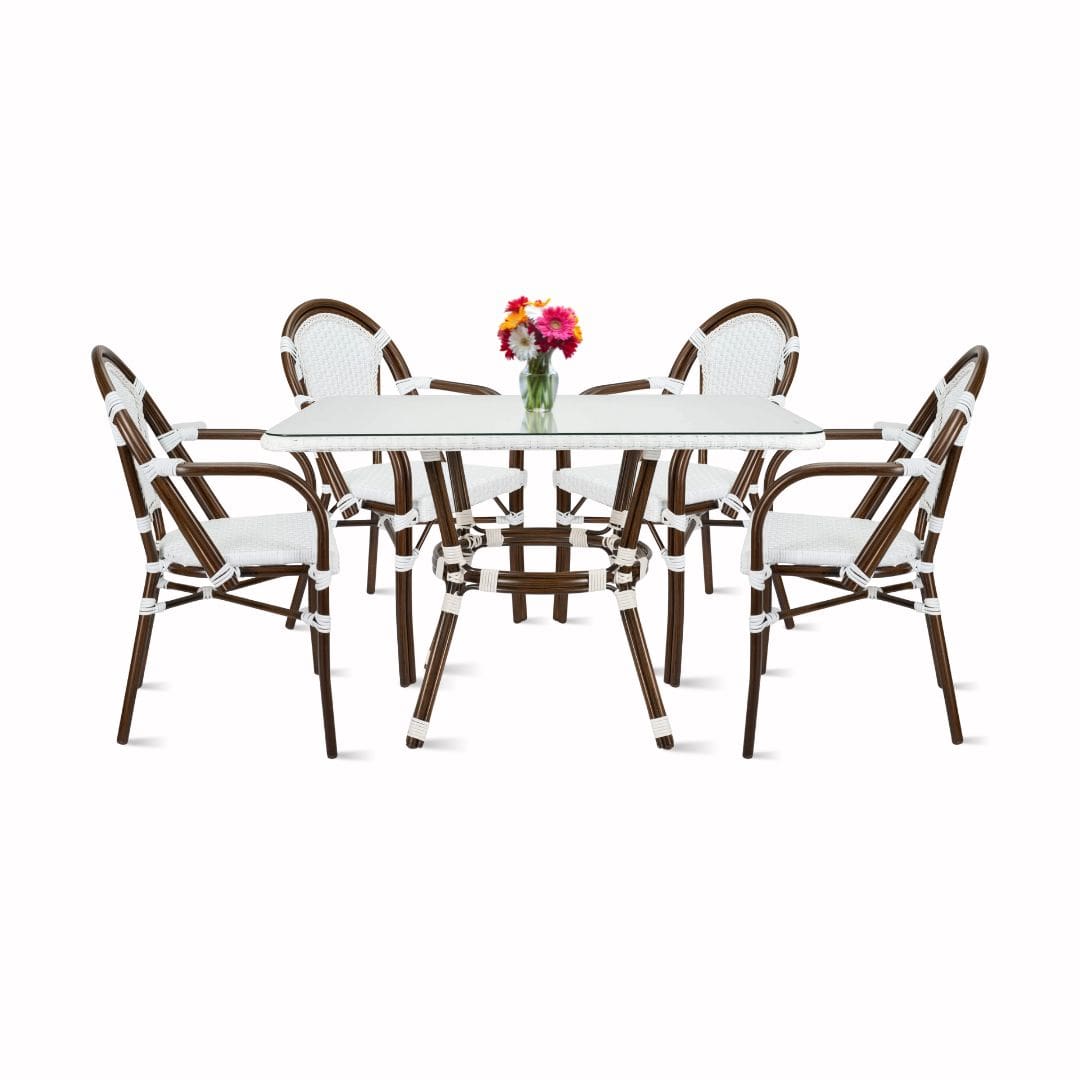 Toulouse White French Bistro Set Includes 48" x 36" Table and 4 Chairs with Arms FBK-SQ-WWD-AWD4-AX