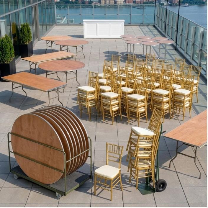 Chivari Happy Hour Wedding Package with Gold Chiavari Chairs, Tables, Cocktail Tables, Bar and Carts WP3-KT